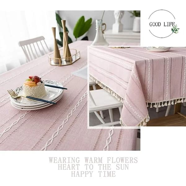 Rose - Rektangulær brodert duk med frynser i slitesterkt lin