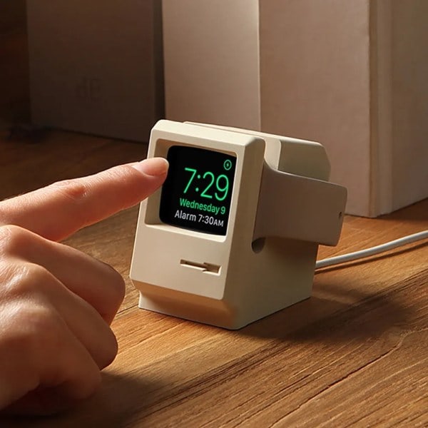 /HA/Til Apple Watch 7 6 5 4 iWatch 3 2 1 Silikone Stativ Opladningsdock Holder Retro Computer Mønster Natbord Keeper Bracket Base hvid