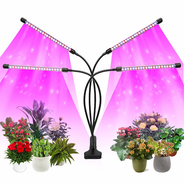 Plantevækstlys til indendørs, 4-hoved LED-vækstlampe til indendørs planter, 80W fuldspektrum plantelys med automatisk tænd/sluk-timer
