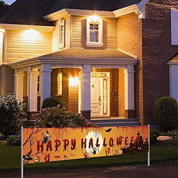 98\"x 19\" Stor Happy Halloween Banner - Lang Halloween Utendørs Dekorasjon Banner Gresskar Lampe Gravplass Bakgrunn Oransje Festdekorasjon Suppli