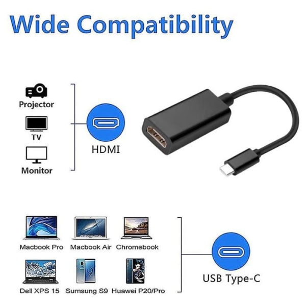USB Type-C till HDMI 4K-adapter, kompatibel bildskärm, dator, surfplatta, svart