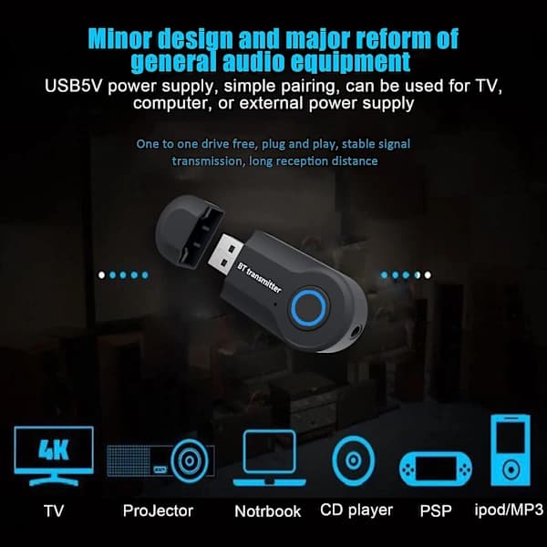 3,5 mm Bluetooth-sender, trådløs bærbar stereosender, parkoblet med Bluetooth-mottaker, USB-drevet