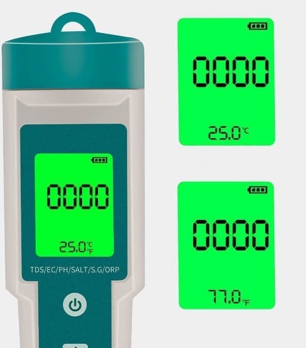 7-i-1 Digital pH-måler for vann - Vanntester bakgrunnsbelysning Hvitgrønn