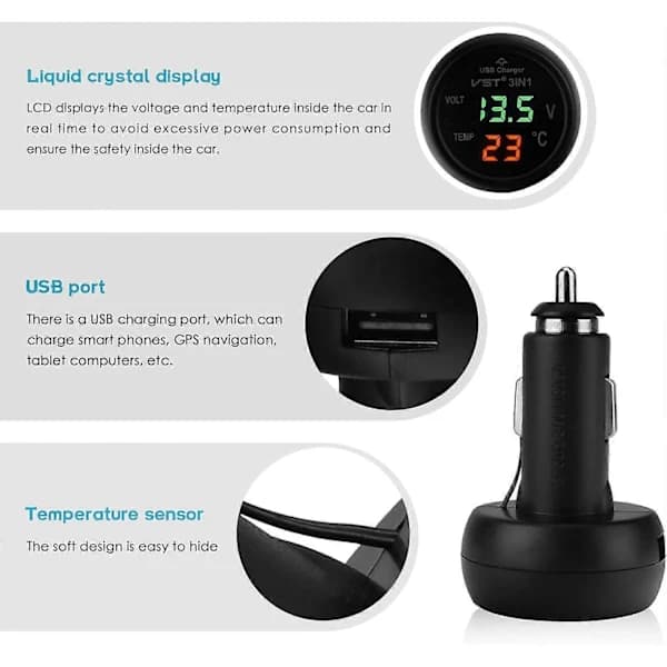 2025 Egnet Bil Voltmeter, 3 i 1 12-24V Bil Termometer Bil USB Lader Voltmeter med LCD Digitalt Display Panel