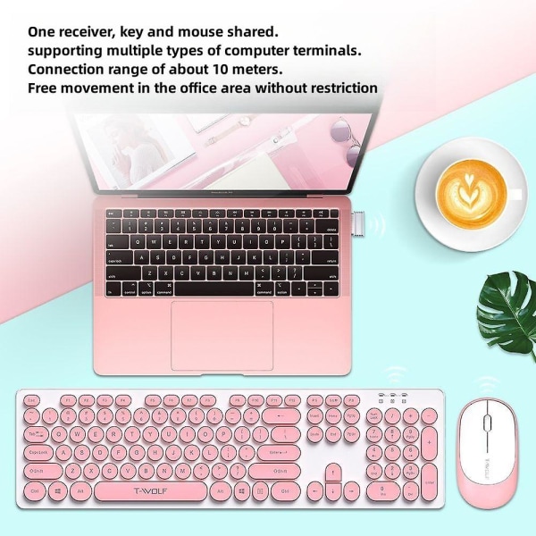 Trådlöst tangentbord och mus set retro punk rosa kontor tangenter och mus tyst, för PC, stationär dator, bärbar dator