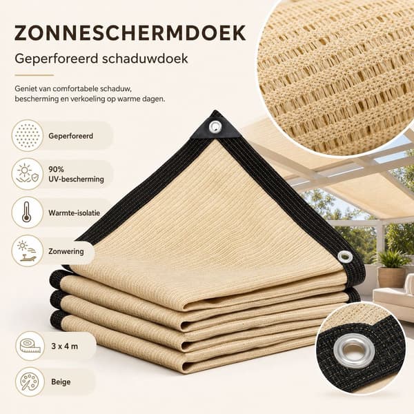 Solsejl, åndbart perforeret net, op til 90 % UV-beskyttelse, til have, terrasse, altan og pergola, beige, 3 x 4 m