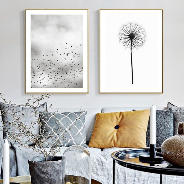 Wekity Birds and Dandelions Wall Art Canvas Print Poster, Simple Fashion Black and White Art Drawing Decor for Home Living Room Bedroom Office (Set of