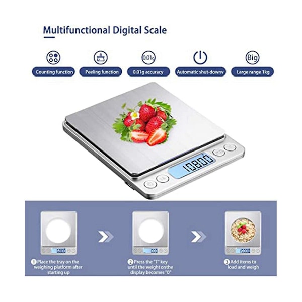 Liten Kjøkkenvekt 3kg/0.01g, Mini Høy Presisjons Matvekt, Lommevekt Med LCD-Skjerm