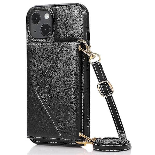 Puhelinkotelo iPhone 15 Kolmiolukko Korttipaikka Nahka+TPU-suoja pitkällä hihnalla