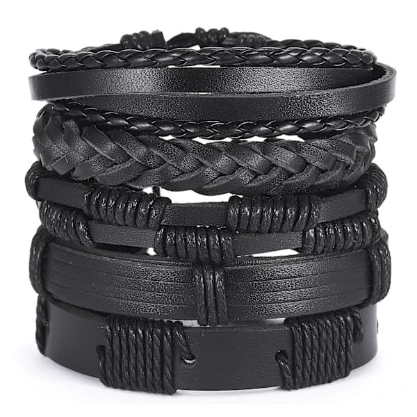 Handgjorda Läderarmband, 5-pack Svart Sortiment