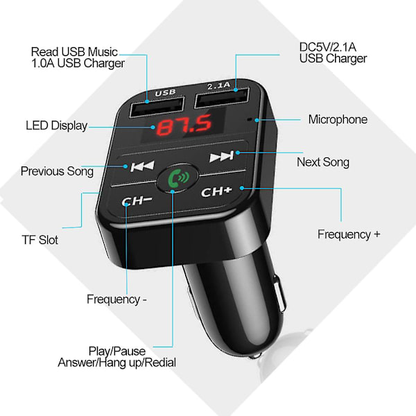 Auton Bluetooth 5.0 FM-lähetin Langaton sovitin Mikrofoni Äänen vastaanotin Auto MP3-soitin 2.1A Kaksi USB-porttia Nopea laturi Auton lisävarusteet