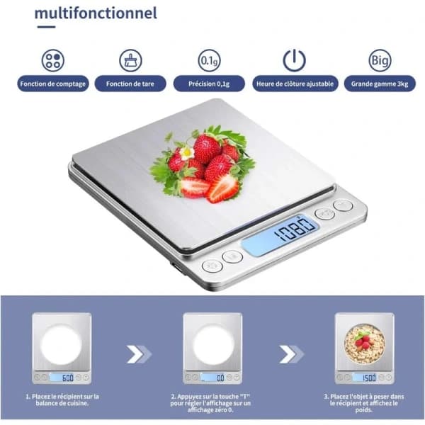 Kitchen Scale USB Rechargeable 3kg/0.1g Digital Baking Scale, Stainless Steel Electronic Precision Scale