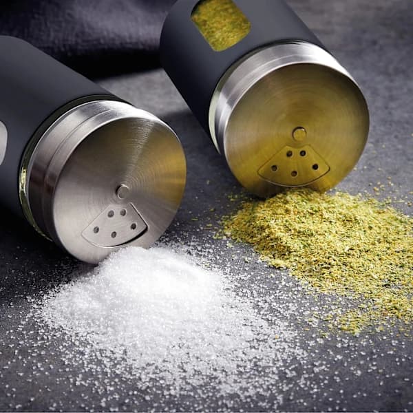 Sort sæt med 2 80 ml krydderiglas i rustfrit stål - Med indsyn i glasset og 3 strøindstillinger