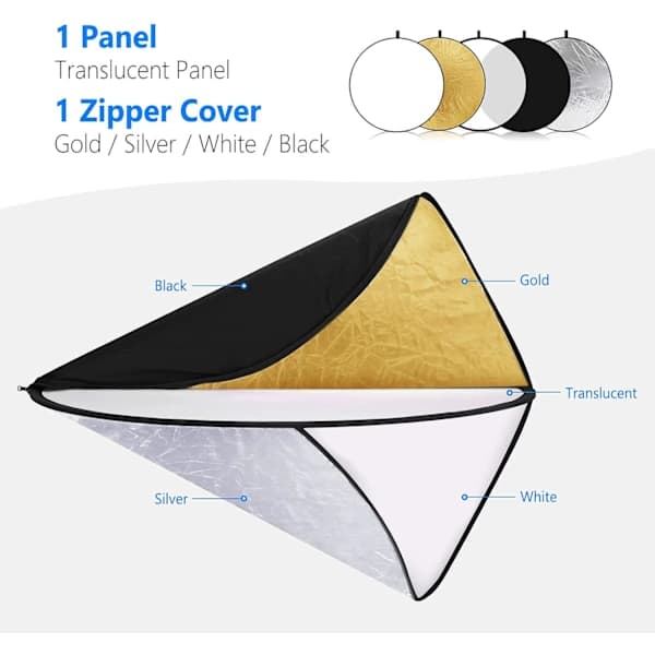 HA~43 Tum/110CM Lysreflektor Diffuser 5 i 1 Sammenfoldelig Multi Disc med Taske - Gennemsigtig, Sølv, Guld, Hvid og Sort til Udendørsbelysning