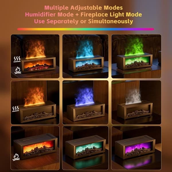 Humidifier with Fireplace Flames & 7-Color LED, Aromatherapy Diffuser with Remote Control