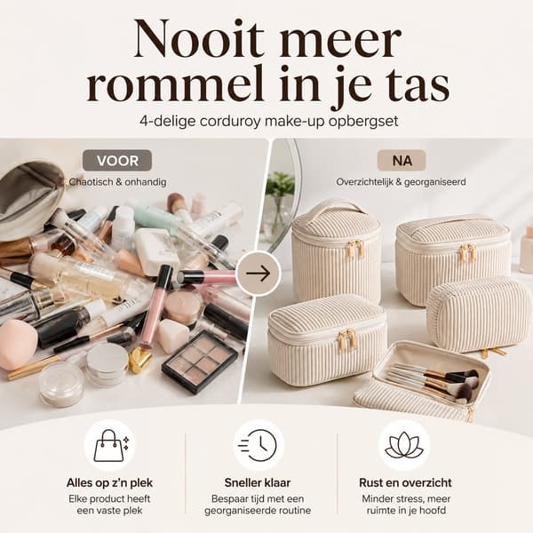 Makeuptaske sæt, 4-delt fløjl kosmetikorganizer med lynlåsposer, rejsetoilettasker til kvinder, stor kapacitet, beige