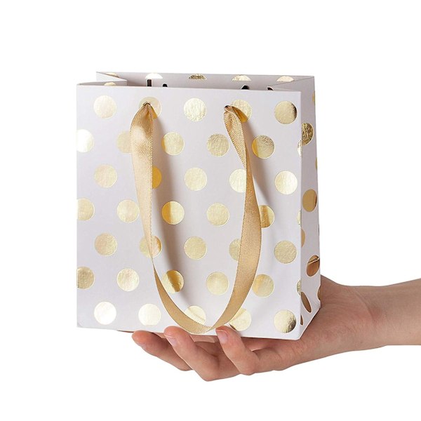 Små presentpåsar med bandhandtag Guld Mini presentpåse, (metalliska prickar 16-pack bulk)