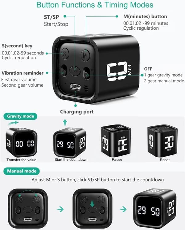 Digital timer - med gravitationssensor, LED-skärm - svart