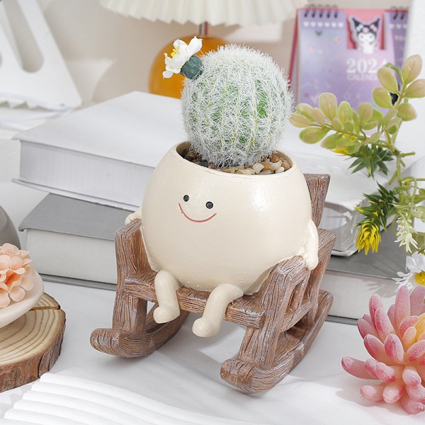 Smily Face Planter Pot - Söt Hartsprydnad i Harts för Inomhus- och Utomhusväxter - Unik Gungstol Succulent Krukor Present