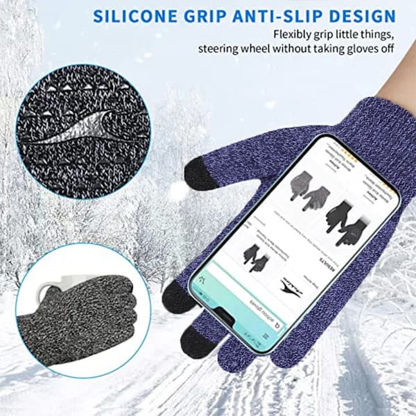 Strikkede termiske handsker, uld skridsikre touchscreen-handsker Navy blue