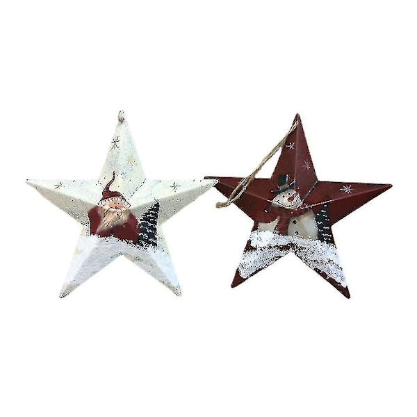 Christmas Tree Ornaments 2 Pack, Small Handmade Barn Stars With Burlap Hanging String Bd