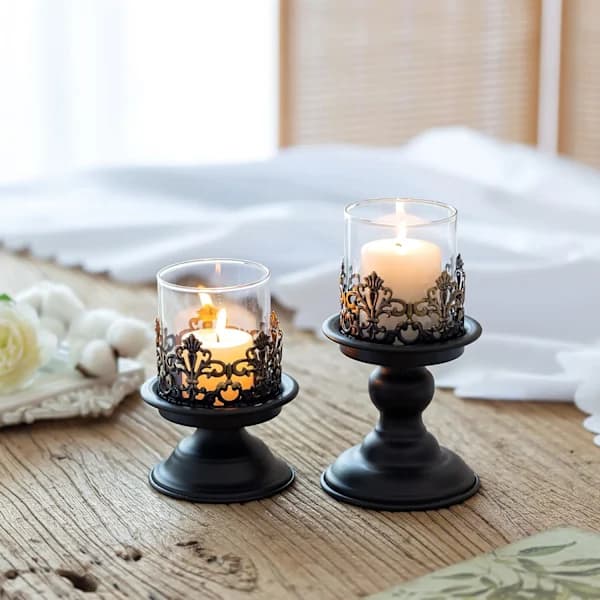 HA~Svart Shabby Ch Lysestakesett for Bord - Gotisk Lysestake Rustikk Glasslykt Midtstykke