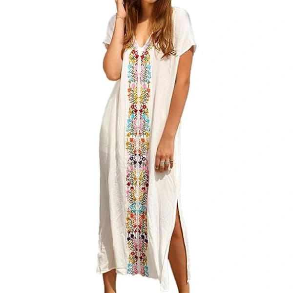 Sommar Bomull Broderad Blommig Lös Kaftan Boho Strand Bikini Cover Up Klänning Plus Size Morgonrock för Kvinnor