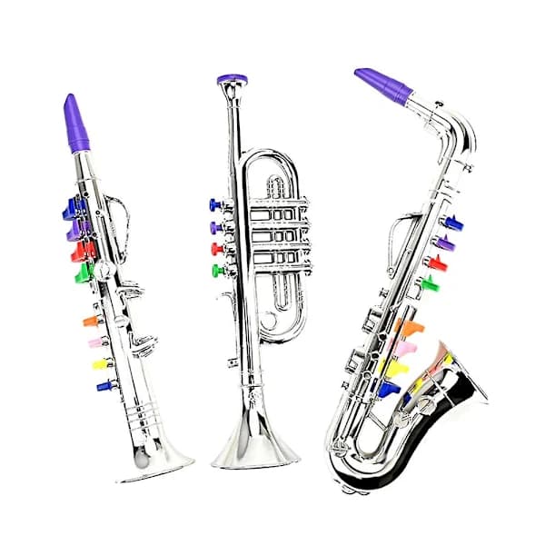 3-pakning Barnemusikkinstrumentleker Klarinett, Saksofon Trompet, Blåse- og Messinginstrument Sølv