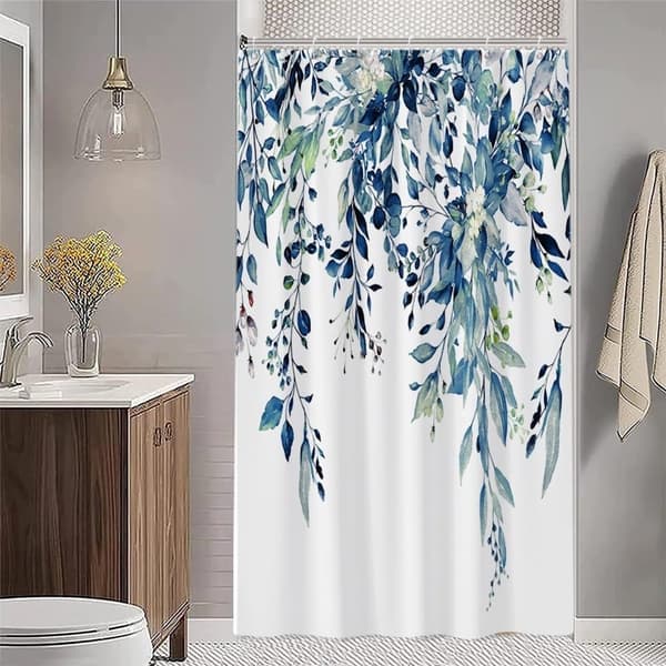 Bruseforhæng, vandafvisende polyester, vaskbart blomsterprint til badeværelse, blå blade og hvide blomster, 150 x 180 cm