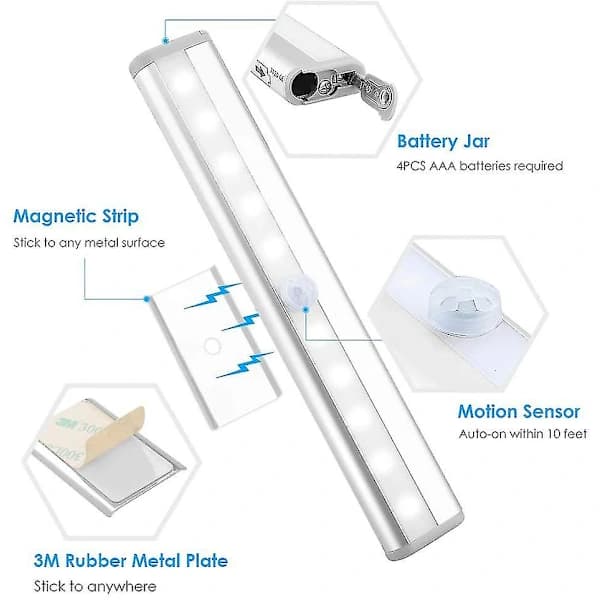3-pack Uppgraderad Uppladdningsbar 10 LED Magnetisk Rörelsesensorlampa