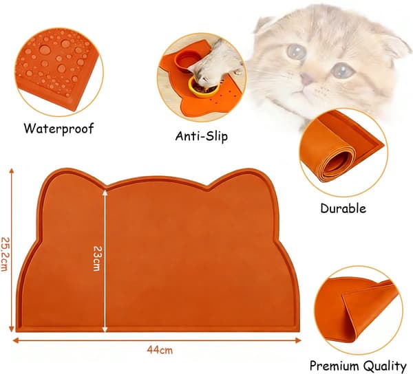 Fodermåtte til kæledyr, vandtæt silikoneskålmåtte med hævet kant, skridsikker og vaskbar, til hunde og katte, orange, 44 x 24 cm