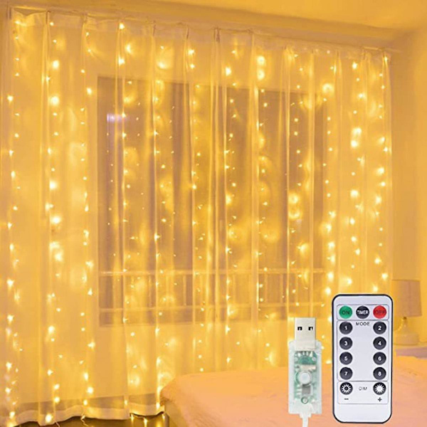 Vattentäta gardinljusslingor 3Mx1M, gardinljusslingor inomhus, 100 LED-lampor för sovrum utomhus julträdgård (varmvit)