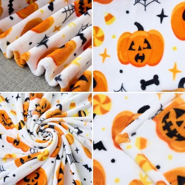 Halloween-tæppe – Blød flannel – 130×150 cm – Edderkoppespind, flagermus & græskar – Hvid