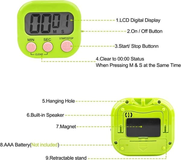 Kökstimer - Digital kökstimer - Nedräkningstimer med magnetfäste och hål - Grön - 3 st