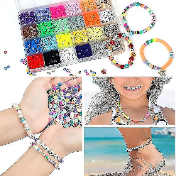 Leireperler til smykkefremstilling DIY-sett, 6 mm runde Heishi-perler med bokstav- og smilefjesperler Håndlagde perle sett DIY armbåndssett