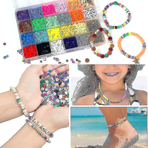 Lerpärlor för smyckestillverkning DIY-kit, 6 mm runda Heishi-pärlor med bokstavs- och smiley-pärlor, handgjorda pärlor, set för DIY-armband