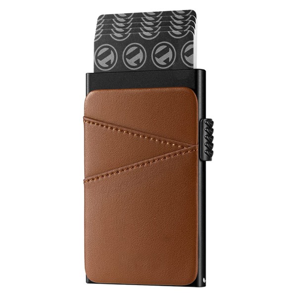 Kreditkortshållare för män Pop-up-kortplånbok RFID-blockerande slanka metallkort plånbok med läderkassar, brun