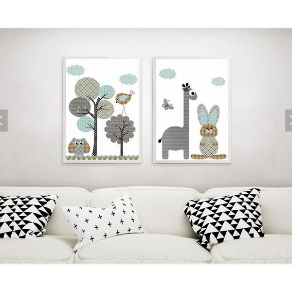 Wekity Grid Cartoon Animals Veggkunst Lerretstrykk Plakat, Enkelt Søtt Enkelt Strøk Kunstmaleri Dekor for Hjem Stue Soverom Kontor og Barn