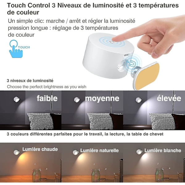 Indendørs væglampe, Touch Led væglampe med USB opladningsport Touch Control, 3 lysstyrke niveauer 3 temperaturer 360 roterbar natlampe til soveværelse