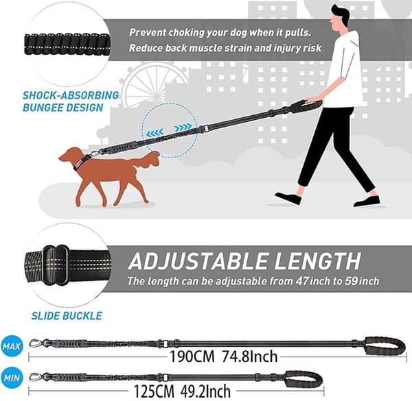Hundetræningssnor, elastisk stødabsorberende og anti-sammenfiltring, 1,9 m, til store hunde op til 49,9 kg, orange