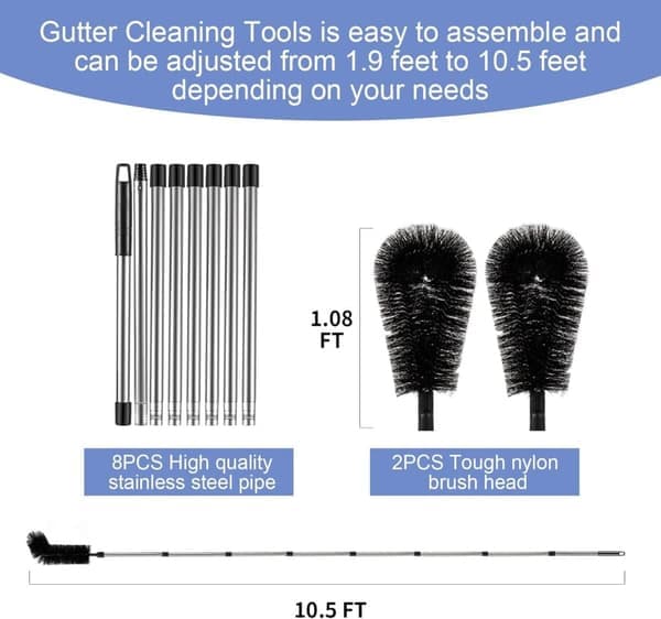Gutter Cleaning Brushes - Adjustable Cleaning Tool 320cm with Brush, No Ladder Needed
