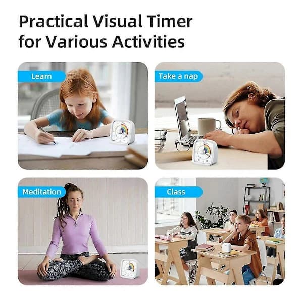 HA-60-minutters Visuell Timer med Nattlys, Nedtellingstimer, Pomodoro Timer med Regnbuemønster for Barn og Voksne Hvit-Yvan