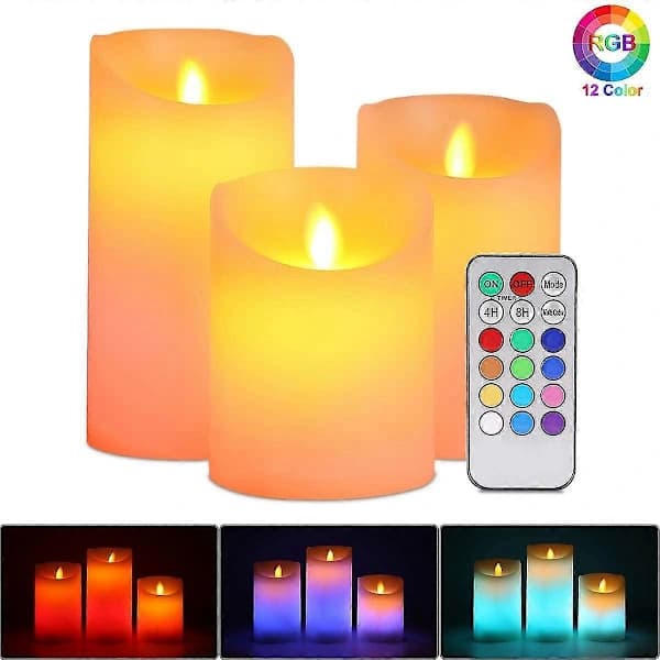 Flameless LED Candles, 3 Piece Candles, Warm White & Multicolor, Battery Remote Control