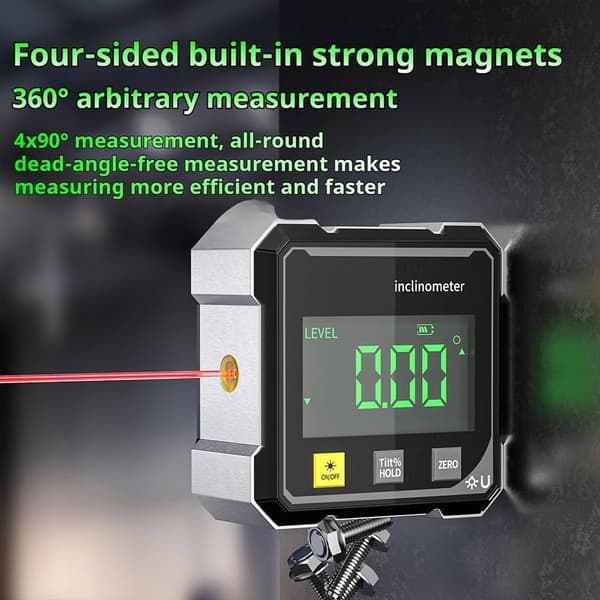 Digital vinkelmåler inklinometer, firesidet magnetisk base, baggrundsbelyst display, USB-opladning, til træbearbejdning og bordsave, sort