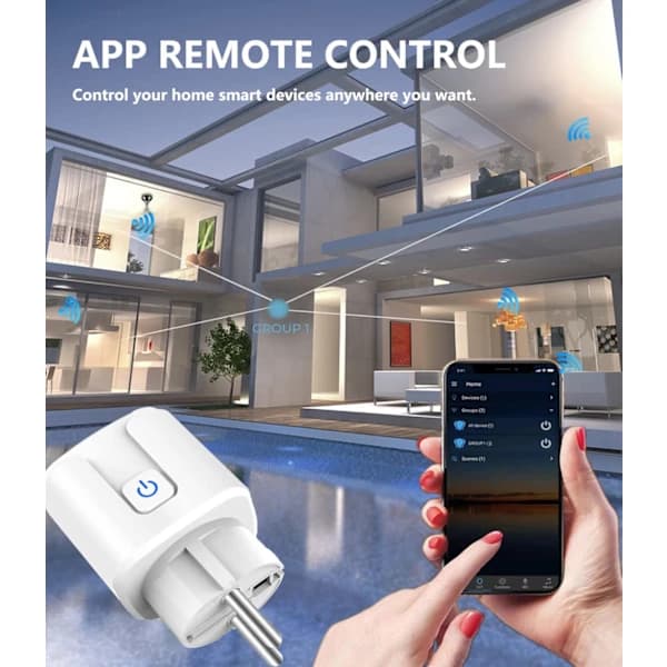 Smartplugg 16A, 3680W Smartplugg Fjernkontroll med Stemmestyring, Smart Intelligent Plugg med Strømforbruk