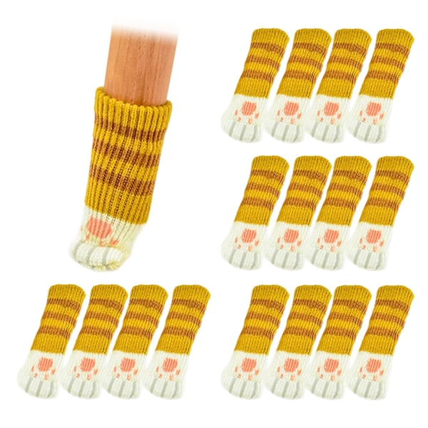 16 PCs Cat Paw Chair Socks for Avoid Scratch, Knitted Double Layer High Elastic Chair Leg Protectors for Floors (Yellow Stripe)