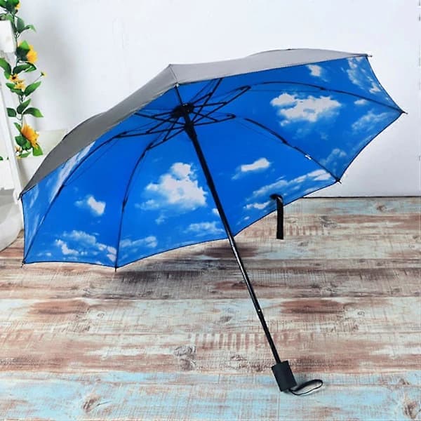 Anti-UV Solskydd Regn Vindtätt Paraply Himmel Moln 3-vikbart Paraply