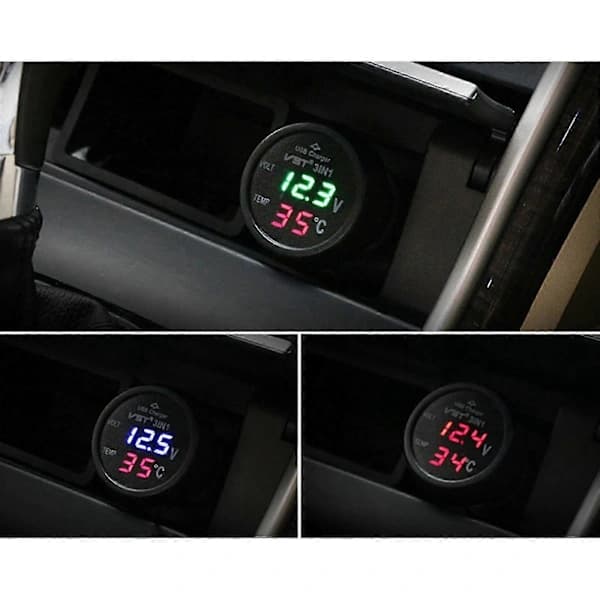 3-i-1 12/24V Bil Auto LED Digital Voltmeter Måler Termometer USB-lader []