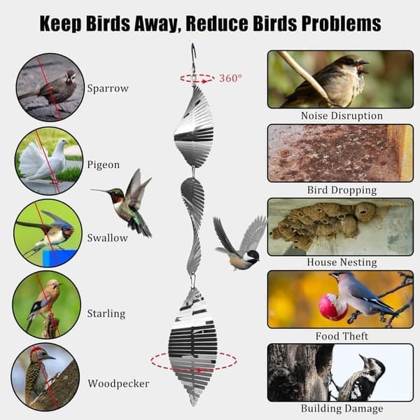 4-Pack Reflective Bird Scare Device Metal - 3D Wind Chimes with 12 Discs for Balcony & Garden