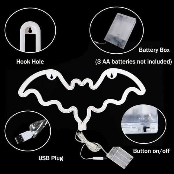 Neon Bat Sign, LED Bat Light för väggdekor, Batteri/USB-driven, Halloweenfest, Bar, Rumsdekor